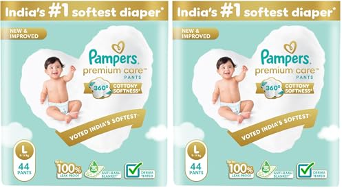 Image of Pampers Premium Care Pant Style Baby Diapers | Large (L size) | 44 Count | Voted India's Softest | All-in-1 with 360 Cottony Softness Diapers | 9-14kg (Pack of 2)