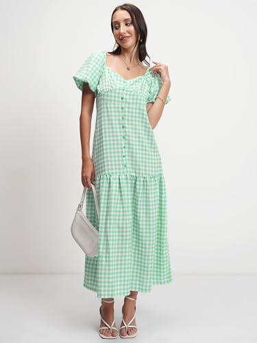 Image of Tokyo Talkies Womens Dresses for Women | Checkered Print | Front Button Detail | Sweetheart Neck | Midi Dress | Puff Sleeves | Elegant Fit | Dress for Women | Women Dress | Stylish Women Dress