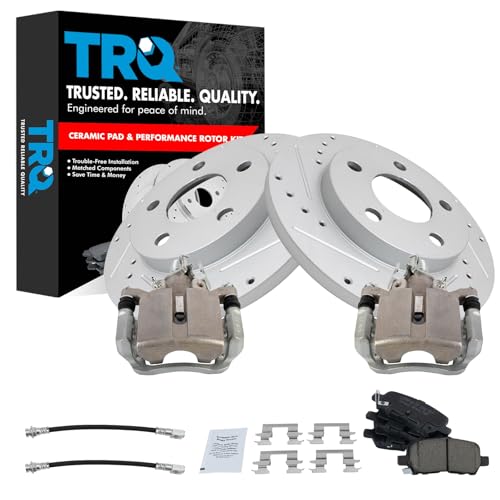 Image of TRQ Performance Rear Brake Pad and Rotor Set Ceramic Slotted Drilled G Coated Rotors Calipers Compatible with 2004 Pontiac Grand Prix