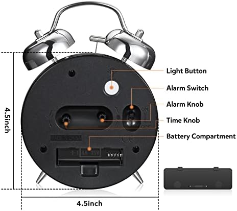 Cadmos Loud Alarm Clock for Adults High Sleepers Retro 4" Silent No Ticking Quartz Backlit Twin Bell Analog Alarm Clock for Kids Bedroom Bedside (Blue)