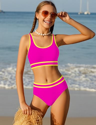 Image of Girls Swimsuit Double Strap High Waist Sporty Bikini Swimsuits Swim Cover Up Skirt 3 Piece Set