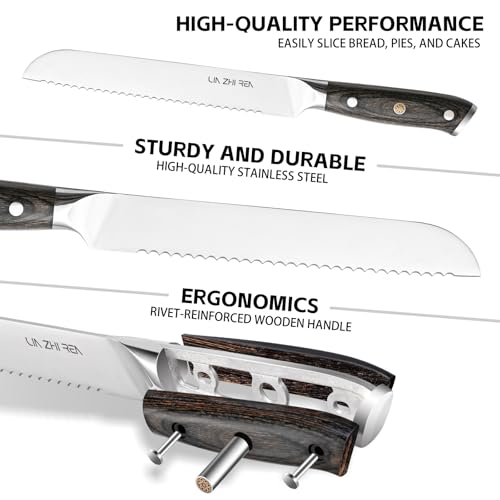 Bread Knife, 8-Inch Stainless Steel Serrated Bread Knife with Wooden Handle, with 5.5-Inch Carving Knife Set, 5 Sharp Blades - Image 4