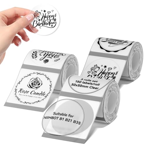 Image of NIIMBOT Labels 3 Rolls Set for B1 /B21 /B31 Sticker Printer, 50x50mm (1.97'' x 1.97'') 150 Labels /Roll, Refill Labeling Tape for Home School Office Small Business (Clear Round)