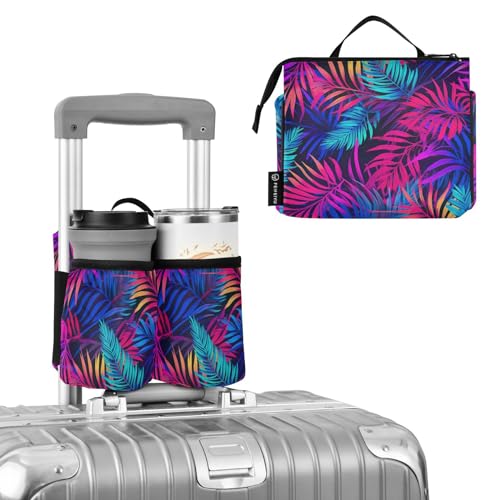 DOMIKING Tropical Palm Leaf Travel Luggage Cup Holder for Suitcase Free Hands Drink Carrier with Storage Pockets for Beverages Bottles