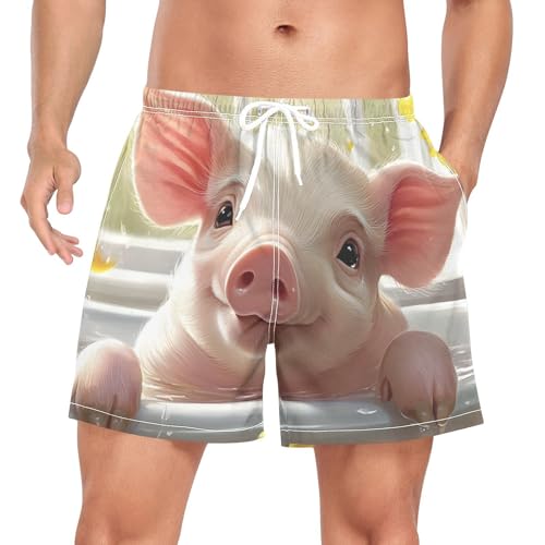 Pig Bathtub Cute Mens Swim Trunks with Liner, Cool Quick Dry Beach Swim Shorts, Swimwear Bathing Suits S