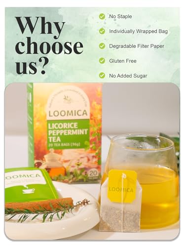 Image of LOOMICA Licorice Mint Tea Bags, Caffeine Free, Refreshing Peppermint & Earthy Sweet Licorice Root Tea Bags for Relaxation, Individually Wrapped Bags, No Artificial Sugar Added, 20 Counts