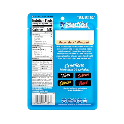 Image of StarKist Tuna Creations Bacon Ranch Pouch (2.6 oz - 1 Pack) Wild Caught, High Protein Shelf Stable Seafood, Gluten Free, Soy Free, Kosher, No Draining, Ready to Eat for Salads and Sandwiches