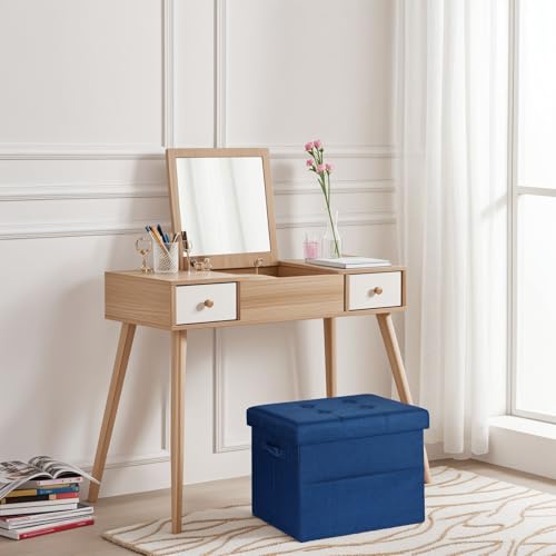 Image of Bsketa Storage Ottoman Bench,17 inch Folding Linen Foot Rest Stool,Dark Blue | Small Ottoman with Side Pockets, Thicker Foam Padded Seat, Livingroom, Dorm, Bedroom, Easy to install, 43L,17 x 13 x 13in