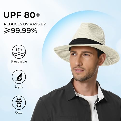 Panama Hat Sun Hats for Men Women Wide Brim Fedora Straw Beach Hat UV UPF 80+ - Image 6