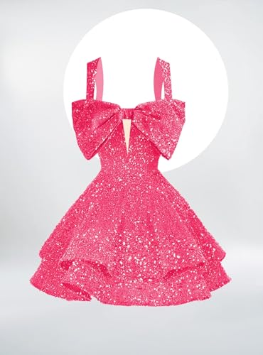 RSOETOO Sparkly Sequin Homecoming Dresses Bow Spaghetti Straps Glitter Mini Prom Dress Short for Teens RO1673