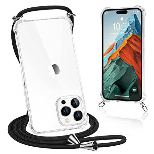 caslord Funda con Cuerda para iPhone 14 Pro MAX 6.7'', Trransparente TPU con Correa Colgante Ajustable Collar Correa de Cuello Cadena Cordón - Negro Cover