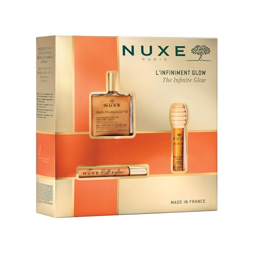 Nuxe The Infinite Glow Christmas Gift Set – Huile Prodigieuse Or Dry Oil 50ml, Roll-On 8ml & Rêve de Miel Honey Lip Care 10ml – Radiant Skincare Trio for Face & Body, Ideal for Birthdays or Travel