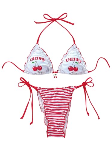 Verdusa Women's 2 Piece Colorblock Halter Triangle Bikini Sets Cherry Striped Ruffle Tie Back Holiday Swimsuit