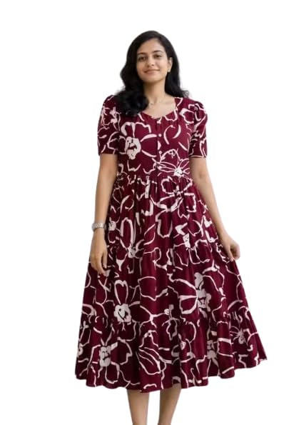 Image of Women's Rayon Printed Floral Gown Dress, Short Sleeve, Tiered Midi Dress