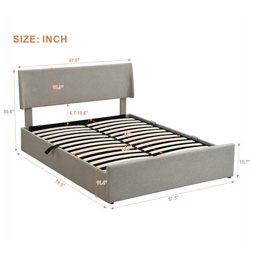 Full Size Sleigh Bed with Side-Tilt Hydraulic Storage System, Linen Upholstery, Gray - Thumbnail 2