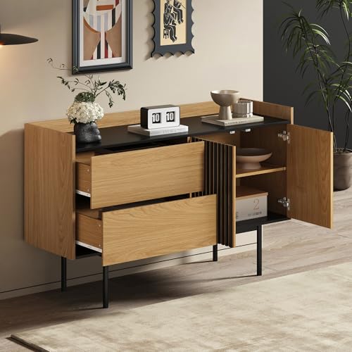 Idemon Aparador minimalista moderno con 2 cajones y estante ajustable, ideal para salón y comedor (negro, madera natural)