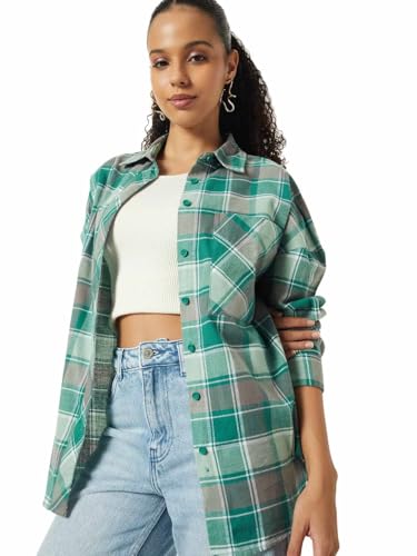 Women Checked Oversized Shirt (Green, L) - Image 1