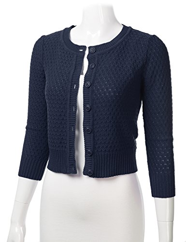 Women's Button Down 3/4 Sleeve Crew Neck Cotton Knit Cropped Cardigan Sweater Navy 3X