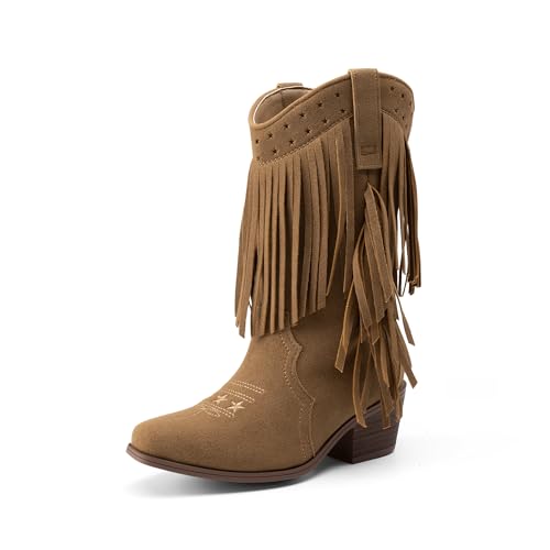 DREAM PAIRS Girls Cowboy Boots with Tassel Fringe Cowgirl Boots Kids Western Boots Stylish & Comfortable 3 Little Kid Brown