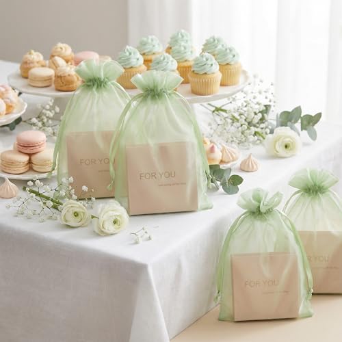 Image of QIANF 20 Pcs Light Green Organza Bags 6X9 inch for Wedding Favors with Drawstring, Mesh Gift Bags Jewelry Pouch for Candy Bridal Shower Party Favor Baby Shower Christmas