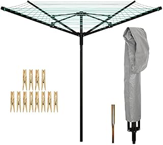 ZackLiz Rotary Washing Line Outdoor Heavy Duty Washing Line, Folding 4 Arm 50 m Garden Large Clothes Airer Dryer, Garden Rotary Washing Line with Cover & Metal Ground Spike (Green)