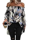 OYOANGLE Women's Off Shoulder High Low Tunic Tops Allover Print Long Puff Sleeve Blouse Black Multi L
