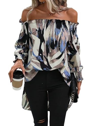 OYOANGLE Women's Off Shoulder High Low Tunic Tops Allover Print Long Puff Sleeve Blouse