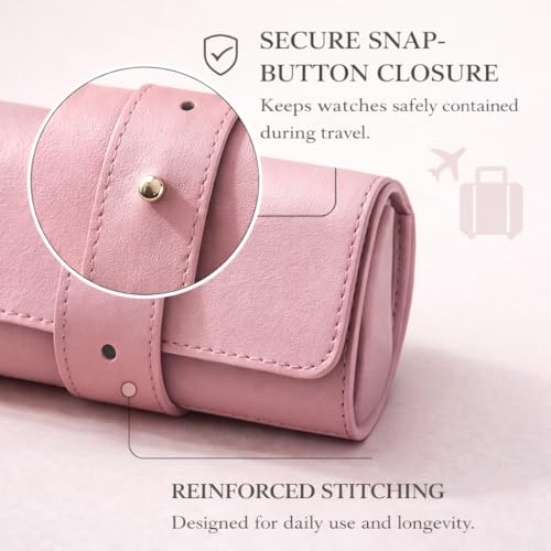 Image of Folk Creations Watch Roll for 4 Watches | Vegan Leather Travel Case for Women & Men | Velvet Cushion Organizer | Gift for Collectors | Scratch-Proof Watch Storage Box, Pink