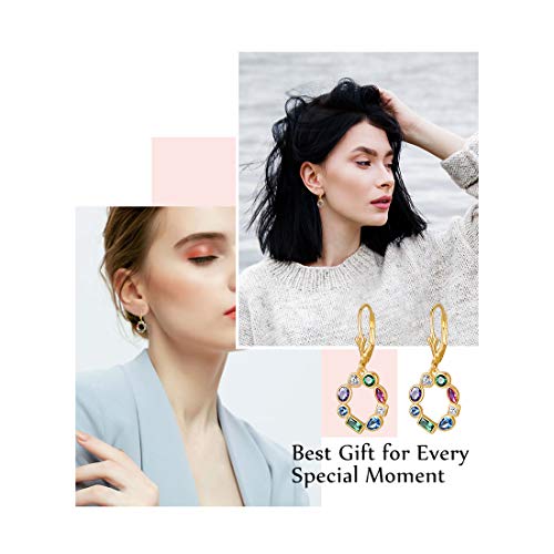 E Round Drop Earrings For Women, 18K Gold Plated 925 Sterling Silver Leverback Dangle, With Aaa Cubic Zirconia Heart Square Birthstone (Colorful) #TOP4