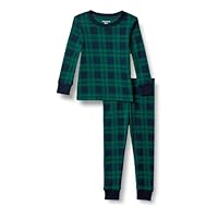 Amazon Essentials Unisex Kids' Matching Holiday Family Pajama Sets, Dark Emerald Green Navy Plaid, 6-7