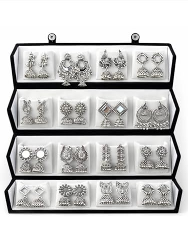 Image of 16 Pair Oxidised Silver Earring Jhuma Box Combo Set - Traditional Jhumka Earrings, Chandbali & Stud Collection for Women, Silver Trendy 16 Pair Earrings Jhumka Earrings Wirh Black Velvet Box