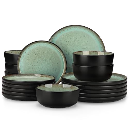 vancasso AMBER Servizio Piatti per 6 Persone, Set Piatti Moderni 18 Pezzi in Gres - 6 Piatti Piani, 6 Piatti Dessert e 6 Ciotole Cereali - Adatto per Lavastoviglie e Microonde - Smalto Verde