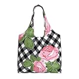 Estampado de rosas sobre cuadros blancos y negros,Bolsas de mano reutilizables, bolsas de supermercado, bolso de hombro de lona de gran capacidad