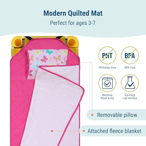 Image of Wildkin Modern Kids Nap Mat with Pillow for Girls - Cotton Blend, Elastic Straps, Toddler Sleep Mat for Daycare, Preschool, Kindergarten & Travel, Ages 3-7, Machine Washable - Butterfly Garden