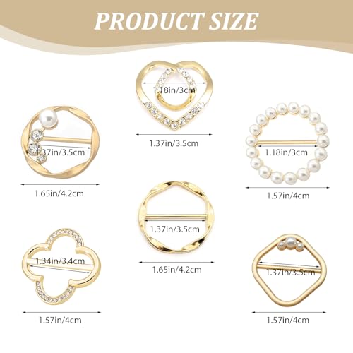 Image of 6 Pcs Silk Scarf Ring Shirt Clips,T-shirt Ties Clips Clothes Corner Knotted Button Belt Buckle For Lady Girls Women with Pearl Rhinestone