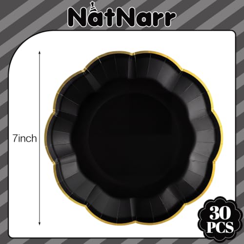 Image of 30 Pcs Black and Gold Plates 7 Inch Halloween Paper Plates with Gold Trim