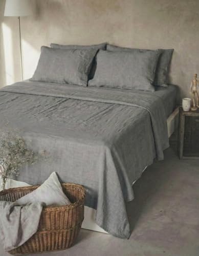 Ger3as Drap de lit en lin sans caoutchouc - 100 % lin délavé - Respirant - Sans taie d'oreiller - Gris - 230 x 250 cm