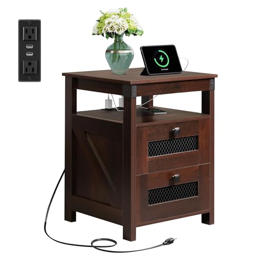 WLIVE Nightstand with Charging Station, Farmhouse End Table, Bed Side Table with 2 Storage Drawers and Open Shelf, Wood Rustic Nightstands for Bedroom, Espresso