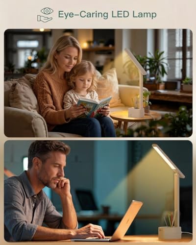Image of Addtam Desk Lamp with Pen Holder, LED Desk Lamps for Home Office, Power Strip with 3 Outlets 4 USB Charging Ports(2 USBC), 3 Color Modes Touch Lamp, Study Lamps for College Dorm Room Essentials, White