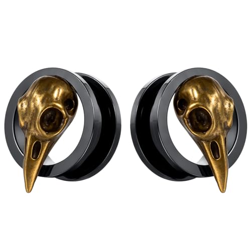 raven skull screw back plugs ear gauges stainless steel3