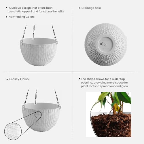 Image of YUCCABE ITALIA SHERA URO-Basket Plastic Flower Pot with Drainage Holes Round Planter Pot Suitable for Inddor Outdoor Kitchen (White, 8 INCH - 6 Pcs)