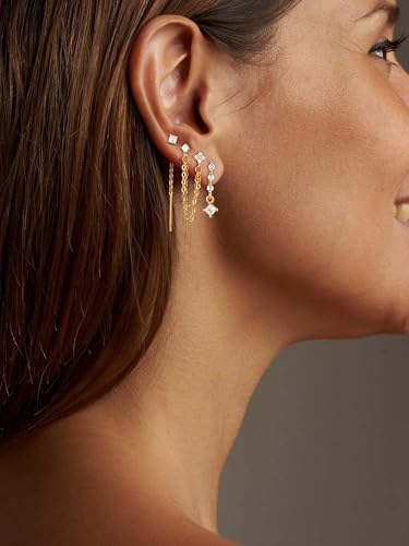 Moodear Gold Dangle Earrings 3/4 Pairs Dainty 14K Gold Plated Chain Earrings for Women Trendy Earring Stacks Set Cubic Zirconia Pearl Hoop Stud Hypoallergenic Earrings for Women Jewelry Gifts3