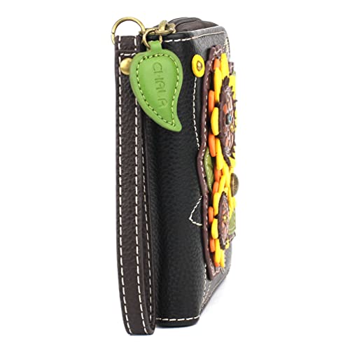Image of CHALA Zip Around Wallet, Wristlet, 8 Credit Card Slots, Sturdy Pu Leather - Sunflower Group - Black