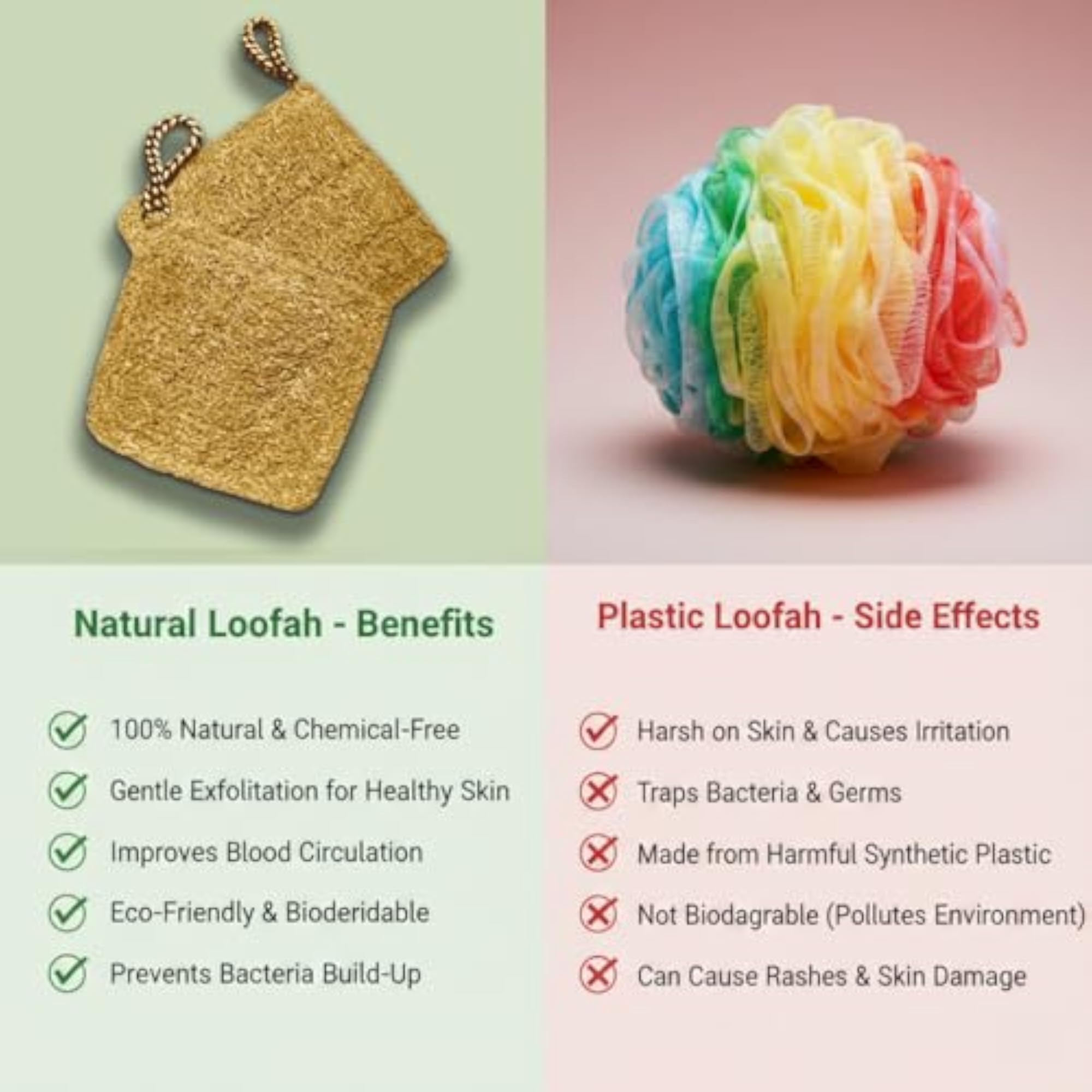 Natural Loofah Shower Scrubber, Skin Cleaning Sponge, 2 Pieces
