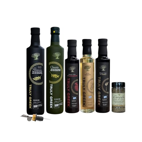 TRULY GREEK Chef&rsquo;s Edition Gift Box - Premium Greek Extra Virgin Olive Oils, Gourmet Balsamic Vinegars, Authentic Herbs & Stainless Pour Spout - Cold Press, Low Acidity, High Polyphenols, Single Varietal Mediterranean Luxury Cooking & Entertaining Gift Set