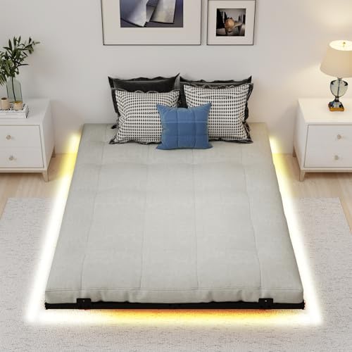 GOPLUS Marco de Cama Flotante Tamaño Doble, Cama de Plataforma Moderna con Luces LED, Listones de Metal Resistentes y Espacio de Almacenamiento, No Requiere Somier (Negro,140x200cm)