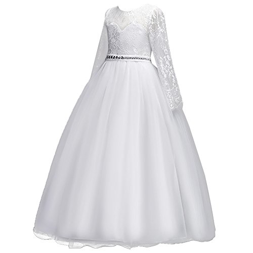 Girls' Tulle Flower Lace Wedding Bridesmaid Dress Long Sleeve Sweetheart Formal Floor Length Evening Gown White with Rhinestone 4-5 Years3