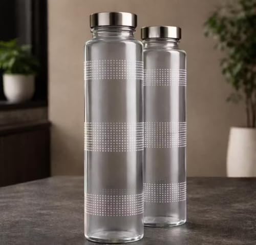 Image of 750 ML Glass Water Bottle with Stainless Steel Leakproof Lid | BPA Free Transparent Glass Bottle | Reusable Fridge Water Bottle for Home, Office, Gym & Travel | Wide Mouth Drinking Bottle (Pack Of 2)