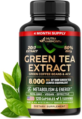 Green Tea Extract - 50% EGCG, Extra Strength 20:1 Extract - Natural Green Tea Supplement + Green Coffee Beans & Apple Cider Vinegar - Energy & Metabolism Support - for Men & Women - Vegan 120 Capsules