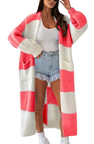 chouyatou Women's Open Front Color Block Plaid Long Cardigan Coat Oversized Gingham Knitted Coatigan